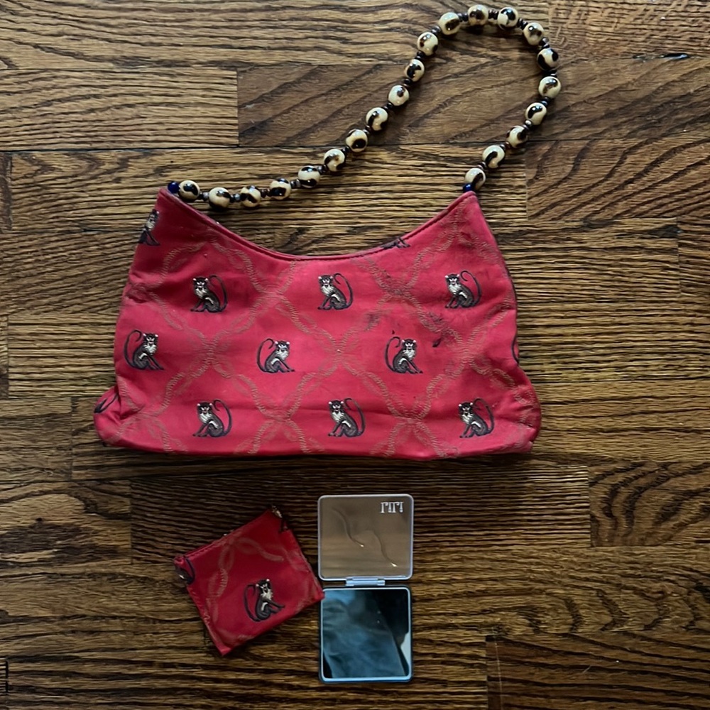 NEW Lili embroidered monkey print bag with matching mirror case